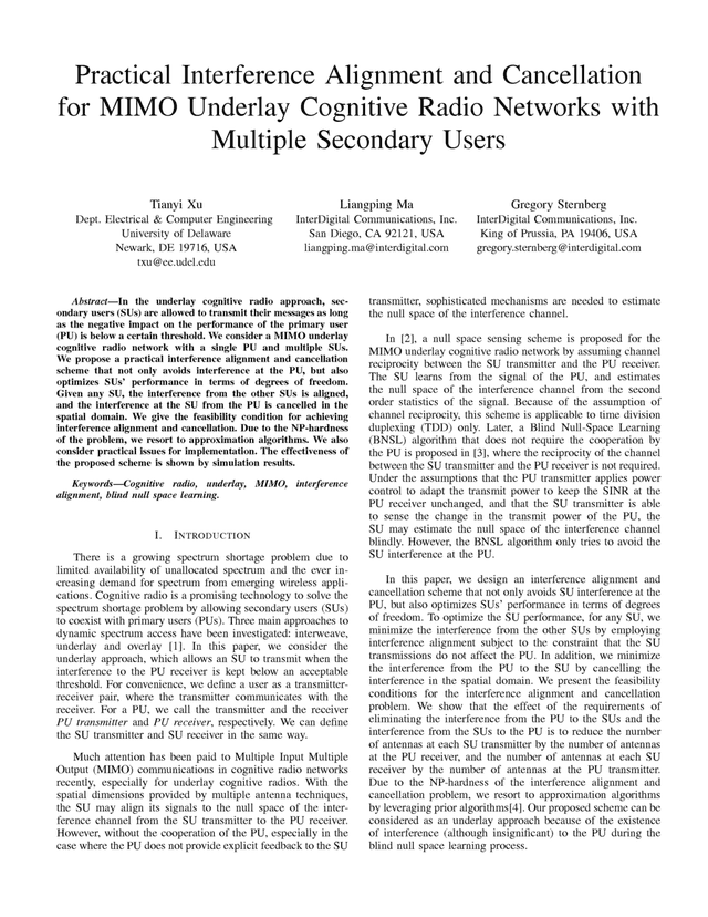 Thumbnail for the Research Paper titled Practical Interference Alignment and Cancellation for MIMO Underlay Cognitive Radio Networks with Multiple Secondary Users